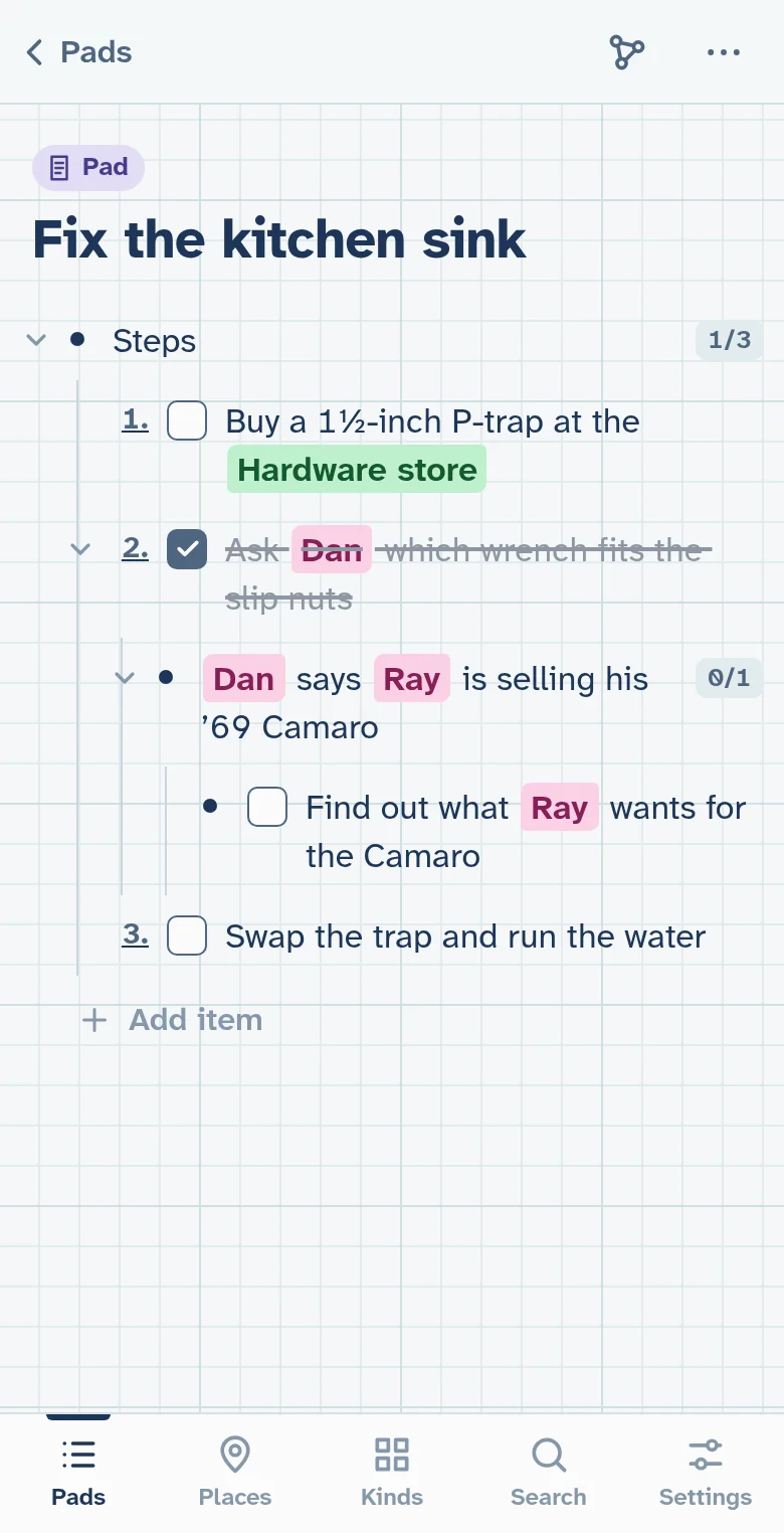 The same pad, now a numbered list: buy a P-trap at the Hardware store, ask Dan which wrench fits (checked off), with a note under it that Dan says Ray is selling his ’69 Camaro, and a to-do to find out what Ray wants for it.