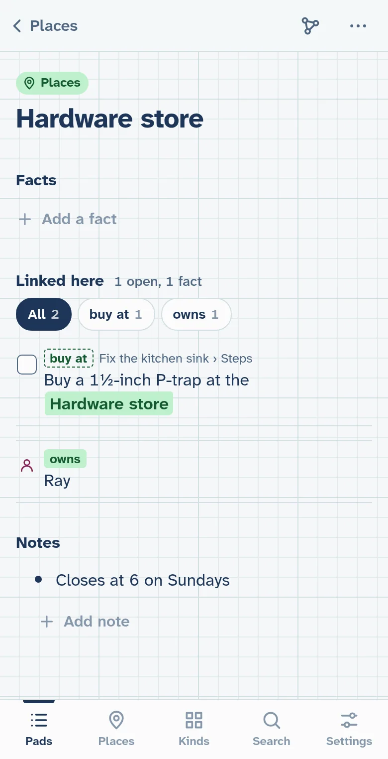 The Hardware store’s page: the P-trap to-do labelled buy at, and Ray, linked by the fact that he owns it, with filters for buy at and owns.