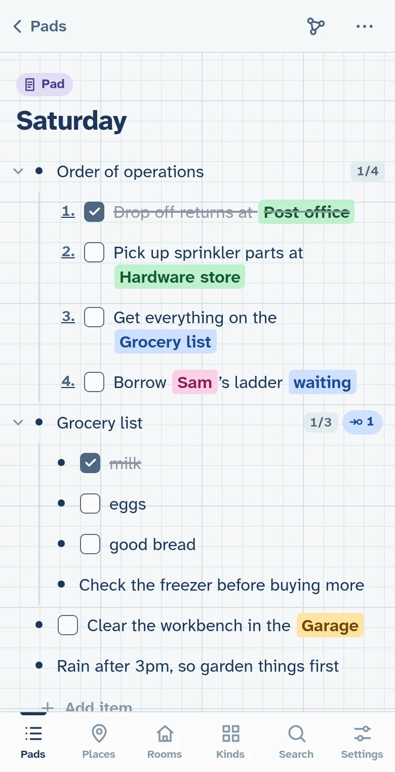 Node Paper on a phone: a pad called Saturday, with to-dos linking to a hardware store, a grocery list, a person called Sam, a waiting state and a garage, each link coloured by what it points at.